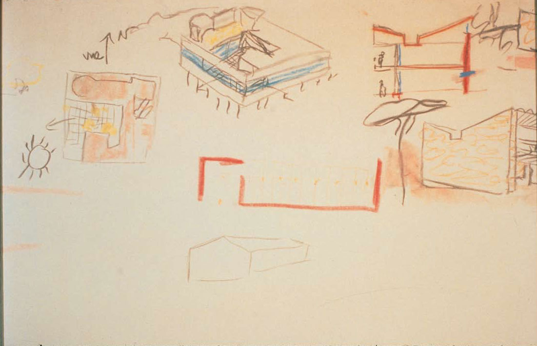 Detail of a drawing for Princeton University lecture, 16 November 1935, showing Le Corbusier’s Villa Savoye (left and center), and his Villa le Sextant (1934–35), on the Atlantic coast of France (right). From Le Corbusier Le Grand
