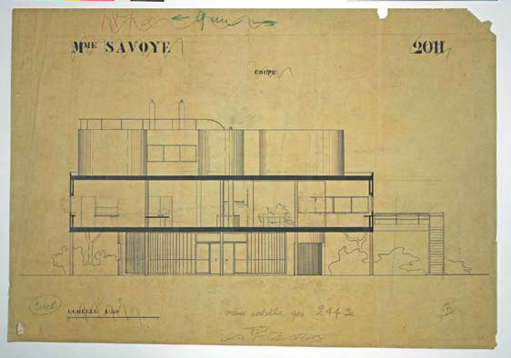 Section drawing of Villa Savoye, October 1928, by Le Corbusier. As reproduced in Le Corbusier Le Grand
