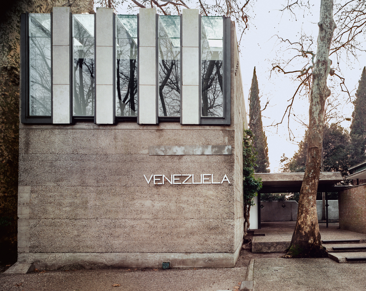 The Venezuelan Pavilion, Biennale Gardens, Venice 1953-56; front elevation from the garden avenue, showing the building’s current degraded condition