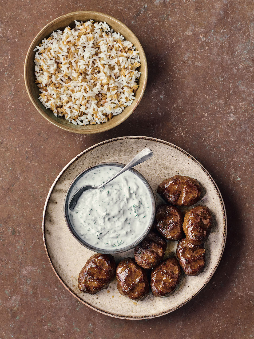 Spiced kebabs with preserved lemon dill yoghurt