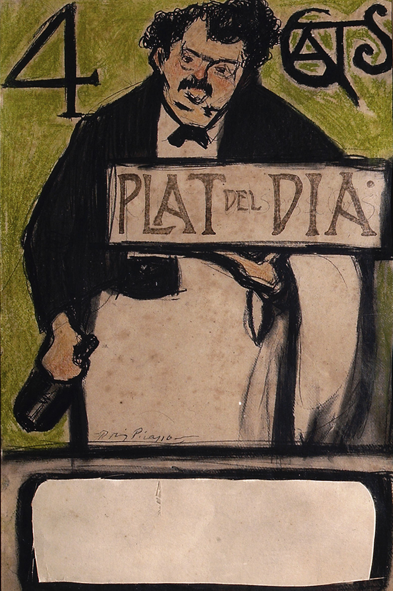 Menu for the Quatre Gats, Dish of the Day Pablo Picasso  c 1900, Wax and ink on paper, 45.5 × 29 cm
The Hunt Museum, Limerick, MG145, © Succession Pablo Picasso, VEGAP, Madrid 2018