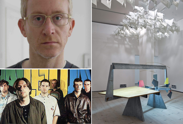 Portrait of artist Martin Boyce (2011) (top left), the band Happy Mondays who feature on his Muse Music playlist (bottom left) and an installation view of his work now on show at BALTIC for the Turner Prize 2011 (right) (photograph by Colin Davison)