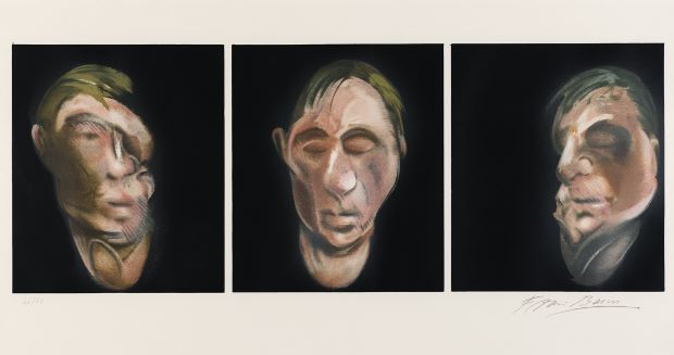 Francis Bacon,  Three Studies for a Self Portrait, 1983 Lithograph on Arches paper, 1990  94.5 X 52cm  Signed and numbered from the edition of 60.  Published by Michel Archimbaud for the Librairie Séguier, Paris and printed by Art Estampe, Paris Courtesy: Winwood Gallery.