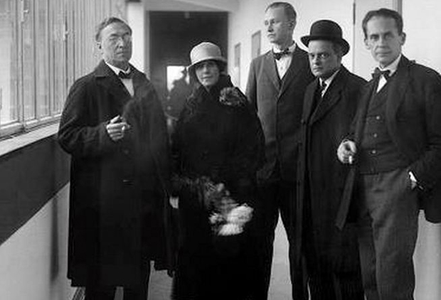 Inauguration of the new Bauhaus. Left to Right: Wassily Kandinsky, Nina Kandinsky, Georg Muche, Paul Klee, Walter Gropius, Dessau