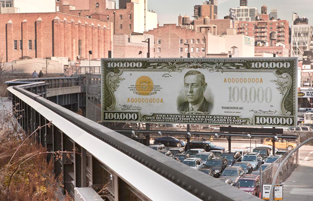 John Baldessari's The first $100,000 I Ever Made (2011) stands next to the High Line on 10th Ave & 18th St, New York