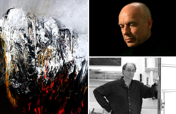 Richard Harrison (bottom right), his painting 'Moments in Fog' (2008) (left) and Brian Eno (top right) the musical genius whose varied body of work Harrison has been inspired by over the years