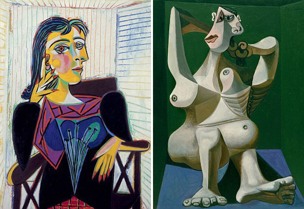 'Portrait of Dora Maar' painted by Picasso in 1937 (left) and 'Woman Dressing her Hair' in 1940 (right)