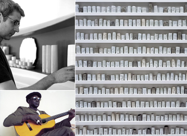 Edmund de Waal (top left), his piece 'A Change in the Weather' of 2007 (right) and the artist Ali Farka Touré (bottom left) who features on De Waal's Phaidon playlist