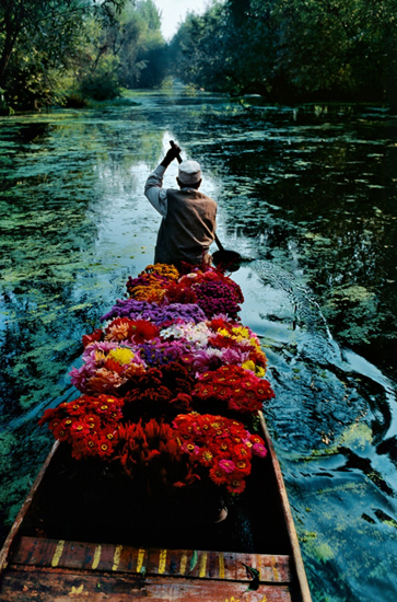 Steve McCurry, Flower seller (1996), Dal Lake, Srinagar, Kashmir