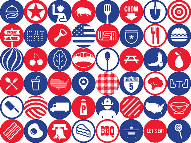 48 of the 160 circular pictograms that make up Pentagram's designs for the USA Pavilion's Food Truck Nation