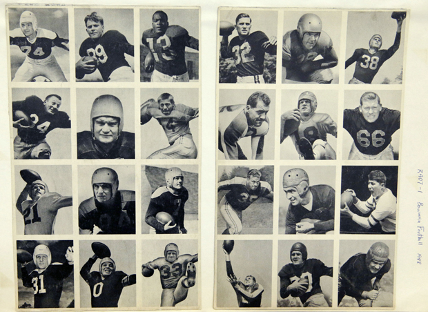 Sheet of twelve uncut football cards, from the Bowman Football series (R407-1) issued by Bowman Gum, 1948. From The Met's Gridiron Greats show