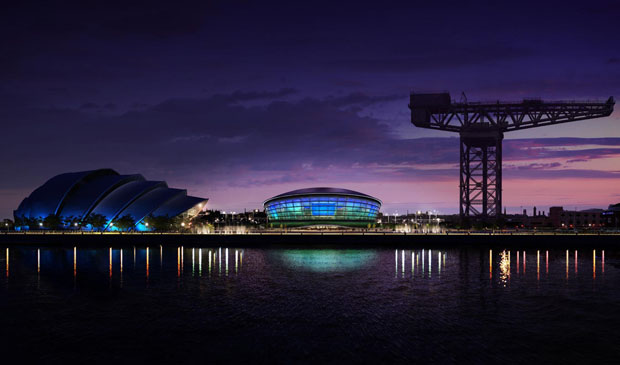 The SSE Hydro (centre) and the Clyde Auditorium (left)