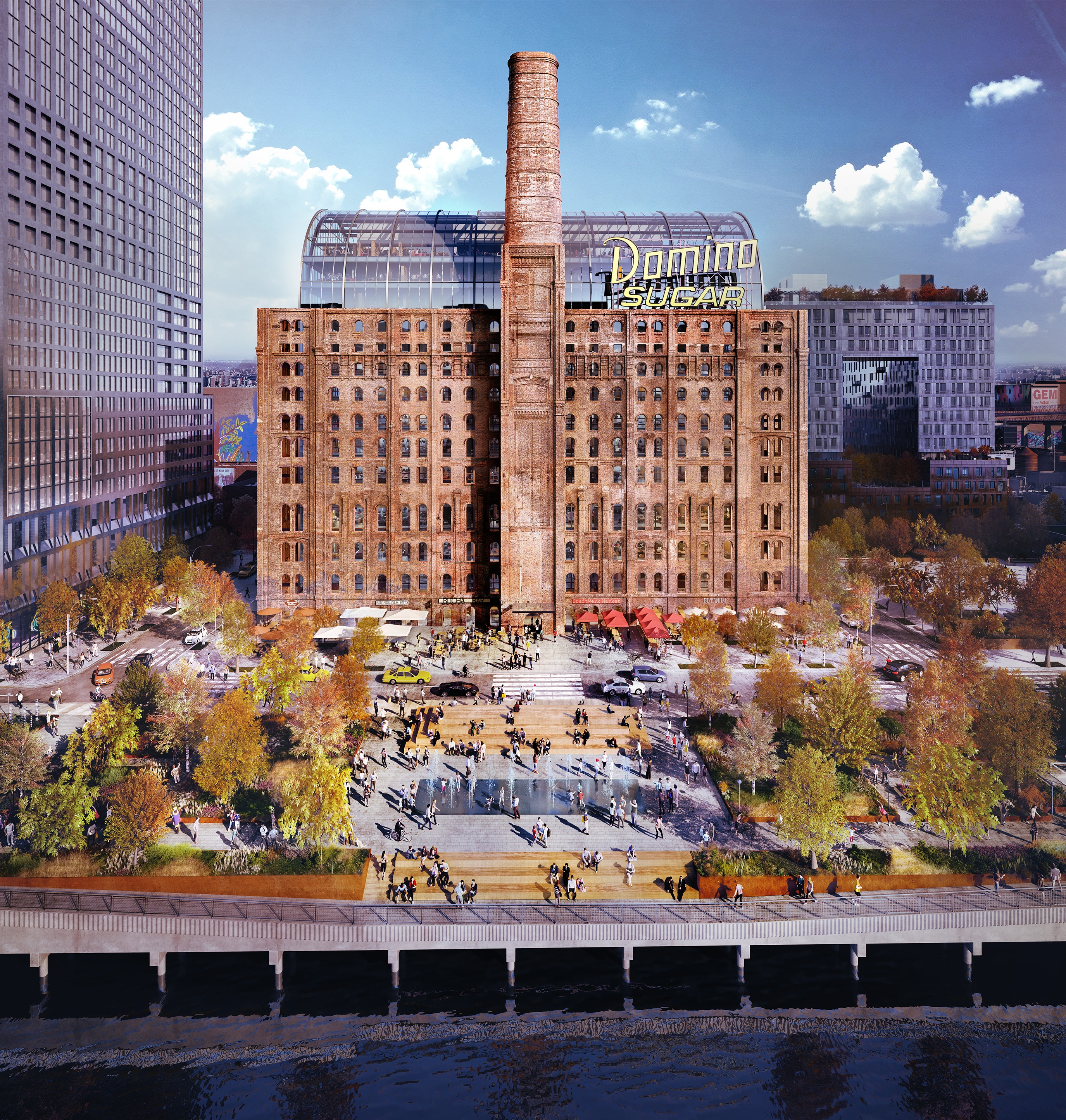 James Corner Field Operations' renderings for the Domino Sugar Factory’s waterfront park and esplanade