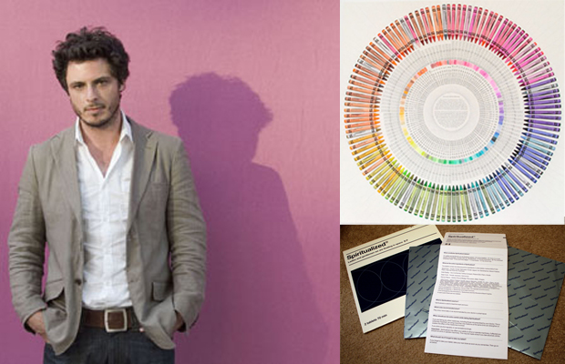 Portrait of the artist Jamie Shovlin who has chosen this week's Muse Music (left), image of his Crayola Colour Wheel from In Search of Perfect Harmony (top right) and Ladies And Gentlemen We Are Floating In Space  (bottom right) - by Spiritualized who feature on his playlist.