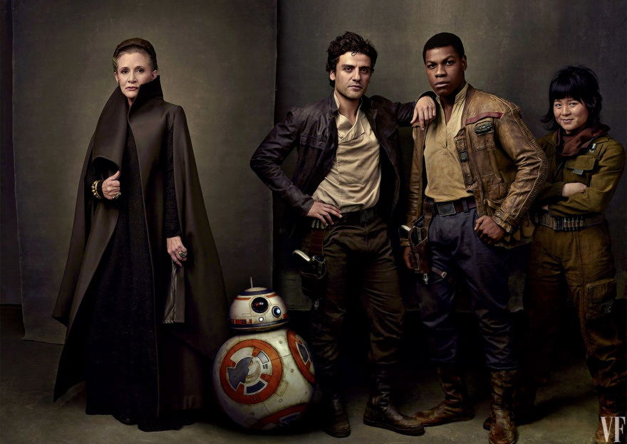 Carrie Fisher, Oscar Isaac, John Boyega, and Kelly Marie Tran photographed by Annie Leibovitz for Vanity Fair. Image courtesy of Vanity Fair
