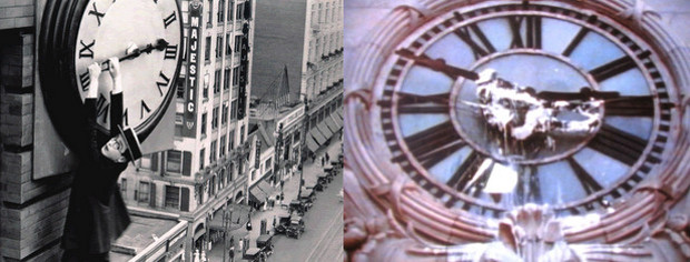 Stills from Harold Lloyd's Saftey Last (1923) and Gordon Matta-Clark's Clockshower (1973)