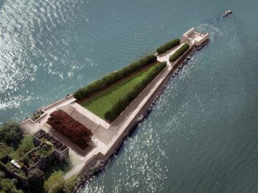 Four Freedoms Park - Louis I Kahn Aerial Rendering Prior to Completion. Image Courtesy of Franklin D. Roosevelt Four Freedoms Park, LLC