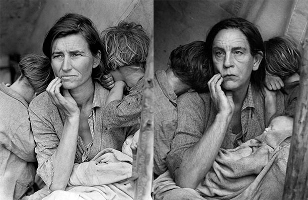 From Left: Migrant Mother, Nipomo, California, 1936 by Dorothea Lange; Dorothea Lange / Migrant Mother, Nipomo, California (1936), 2014 by Sandro Miller. From the Malkovich, Malkovich, Malkovich - Homage to photographic masters series. Courtesy of the artist and Catherine Edelman Gallery, Chicago.