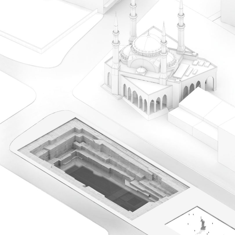 A rendering of the proposed museum beside the square's Mohammed al-Amin Mosque and the Martyrs Statue