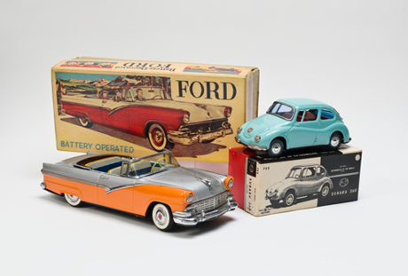 Ford convertible toy car with original box. c. 1956. Manufactured by Marusan Shoten Ltd., Tokyo (est. 1947). Subaru 360 toy car with original box. c. 1963. Manufactured by Bandai, Tokyo (est. 1950). Bruce Sterling Collection, New York  