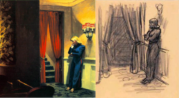 New York Movie (1939) and a preparatory drawing, by Edward Hopper