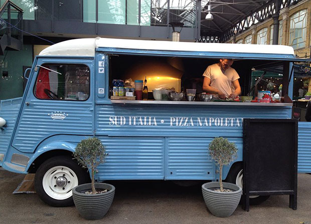 Silvestro Morlando bakes Neapolitan pizza in a wood-fired oven fitted into a vintage blue Citroën Type H
