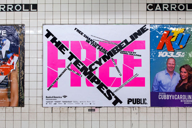 Shakespeare in the Park 2015 poster in the New York subway. Photo by Claudia Mandlik. Image courtesy of Pentagram