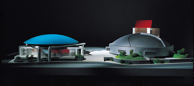Models for Twin Dome City Complex, Fukouka, Japan, 1991-93, by Ettore Sottsass