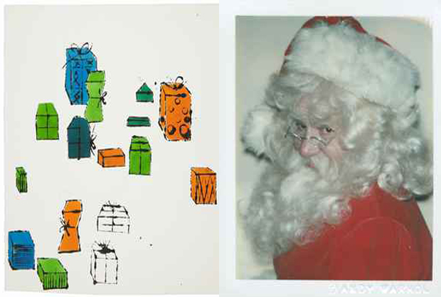 Left: gift packages (c. 1954); right: Myths (Santa) 1981, by Andy Warhol
